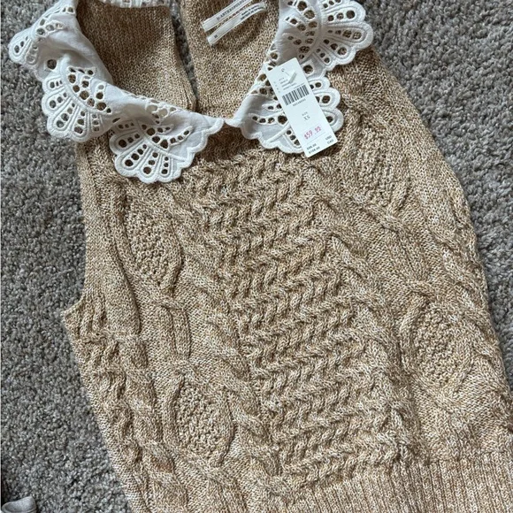 Anthropologie Beige Knit Sleeveless Top with Ruffle Collar - Picture 2 of 2
